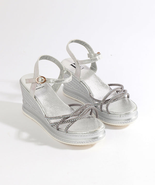 Silver Pearl Embellished Wedged Sandals with Toe Post