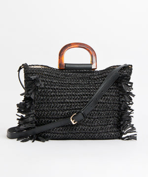Black Straw Bag with Fringed Edge and Tortoiseshell Handle