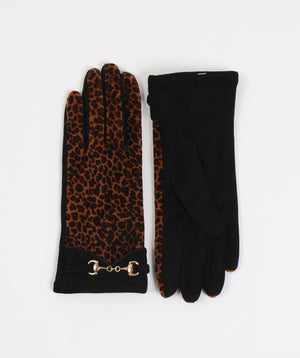 Leopard Print Gloves with Buckle Detail and Faux Suede