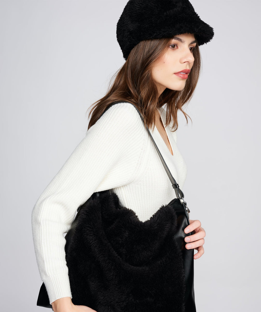 Black Faux Fur Slouch Bag with Zip Closure