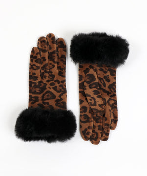 Leopard Print Wool Gloves with Faux Fur Cuff