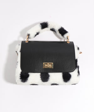 Black and White Polka Dot Faux Fur Bag with Crossbody Straps