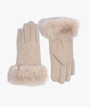 Beige Wool Glove with Faux Fur Cuff and Insulation