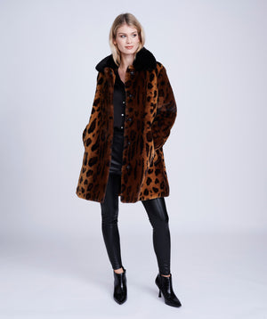 Leopard Print Faux Fur Coat with Notched Lapel and On-Seam Pockets