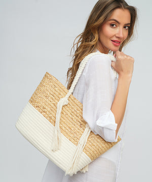 Natural/White Striped Straw Tote with Rope Handles and Zip Closure