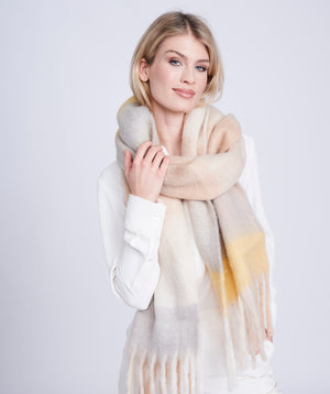 Warm Beige Fringed Striped Blanket Scarf for Winter