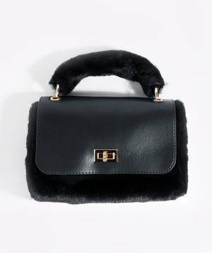 Black Faux Fur Bag with Zip Closure and Interior Pockets