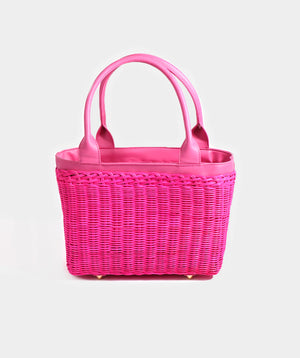Fuchsia Rattan Woven Bag with Twin Handles and Zip Closure