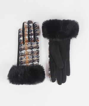 Black Boucle Tweed Gloves with Faux Suede and Fur Cuff