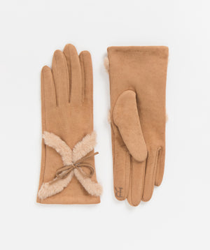 Beige Faux Suede Gloves with Luxurious Faux Fur Detailing