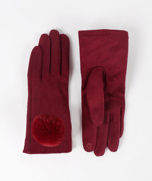 Burgundy Faux Suede Gloves with Faux Fur Pom Pom