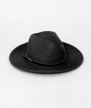 Black Wide Brim Straw Hat with Faux Leather Belt