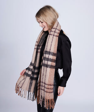 Beige Check Blanket Scarf with Raw Edges and Soft Fabric