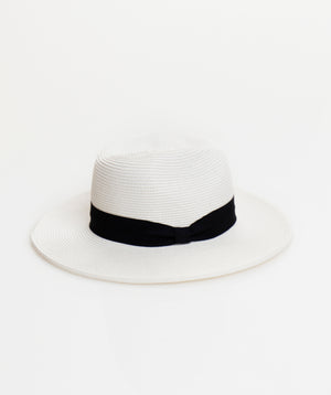 White and Black Straw Fedora Hat with Crossgrain Ribbon Trim