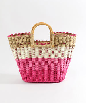 Pink Striped Rattan Bag with Wooden Top Handles