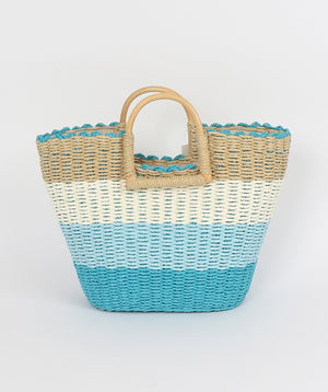 Blue Striped Rattan Bucket Bag with Wooden Handles