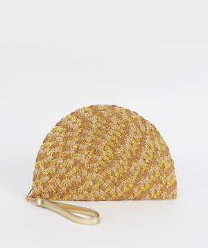 Natural/Gold Half Moon Woven Straw Clutch with Zip Closure