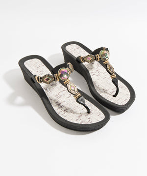 Black Jewelled Pool Sandal with Wedge Heel and Waterproof Sole