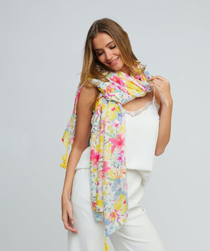 Bright Floral Scarf with Tassels - Multicoloured