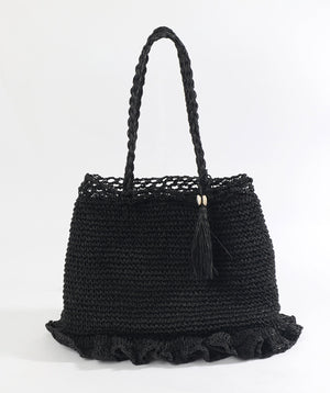Black Woven Straw Bag with Button Snap Closure and Interior Pockets