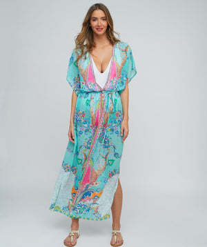 Fringed Maxi Kimono - Turquoise