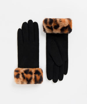 Leopard Faux Fur Cuff Wool Gloves with Cosy Lining