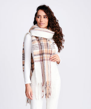 Beige Check Plaid Pattern Blanket Scarf for Warmth