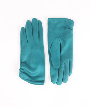 Teal Blue Suede Gloves with Ruched Wrist and Soft Lining