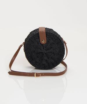Black Circular Straw Bag with Gold Hardware and Adjustable Strap
