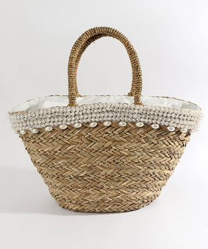 Natural Straw Basket Bag with Pearl Embellishments and Zip Closure