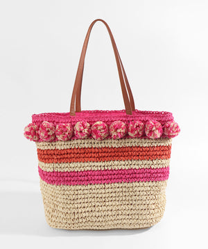 Natural and Pink Striped Tote Bag with Zip Closure and Interior Pockets