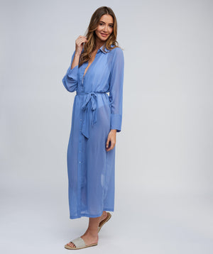 Side View: Blue Sheer Shirt Dress with Waist Tie and Button-Front Opening