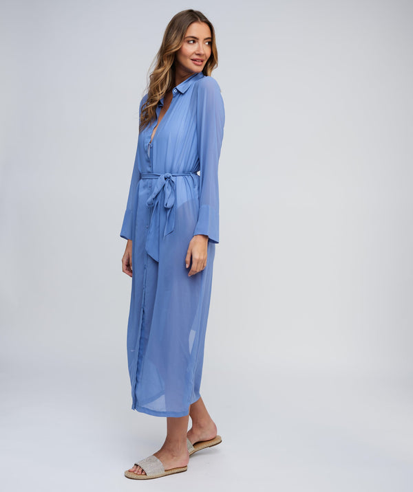 Side View: Blue Sheer Shirt Dress with Waist Tie and Button-Front Opening
