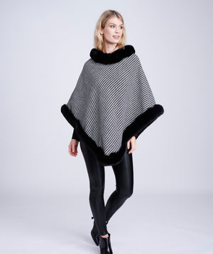 Black and White Houndstooth Poncho with Faux Fur Trim