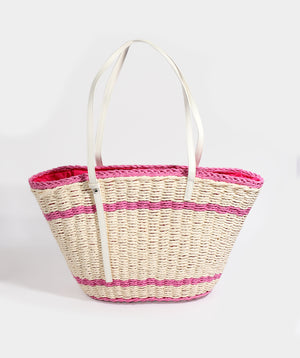 Pink Striped Straw Tote Bag with Zip Closure
