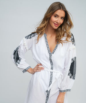 White Cotton Tunic Dress with Black Embroidery and Tassel Detail