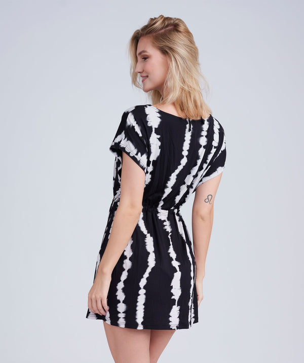 Back View: Black and White Striped Beach Dress with Tie Detail