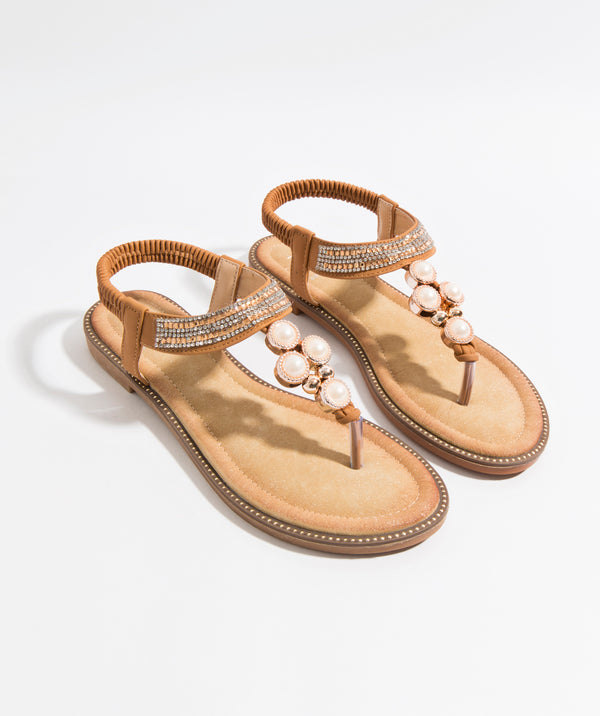 Tan Pearl Embellished Toe Post Sandal with Elasticated Bags