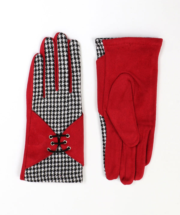 Black Houndstooth Lace-Up Gloves with Faux Suede Detailing