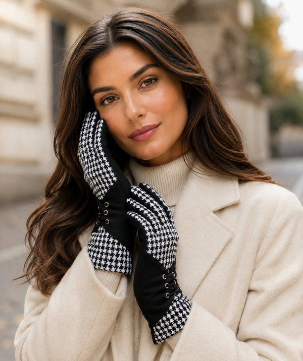 Amorette - Luvas Houndstooth de camurça sintética