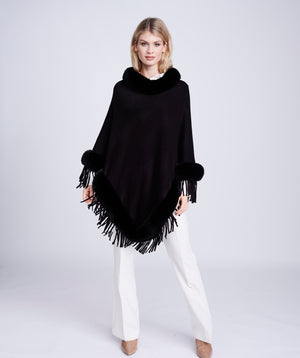 Black Winter Poncho with Luxe Faux Fur Trim and Tassel Fringe