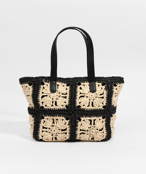 Sand/Black Floral Crochet Tote Bag with Top Handles