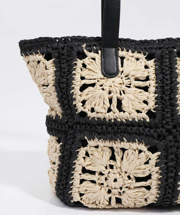 Close up View - Sand/Black Floral Crochet Tote Bag with Top Handles