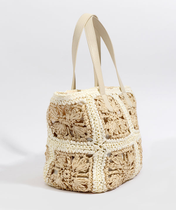 Side View: Sand & White Floral Crochet Tote with Zipped Closure