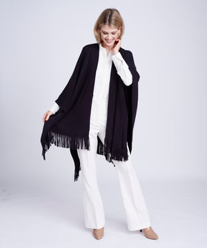 Navy Fine Ribbed Fringed Wrap for Layering