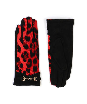 Red Leopard Print Gloves with Buckle Detail and Faux Suede Backing