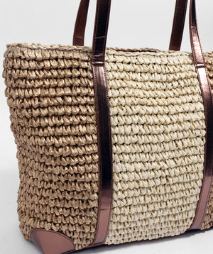 Close Up View: Gold Metallic Leather Detail Straw Tote with Zipped Closure