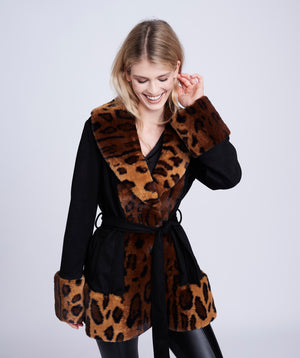 Black Leopard Print Faux Fur Coat with Shawl Collar
