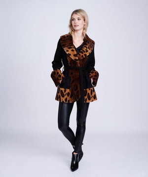 Black Leopard Print Faux Fur Coat with Shawl Collar