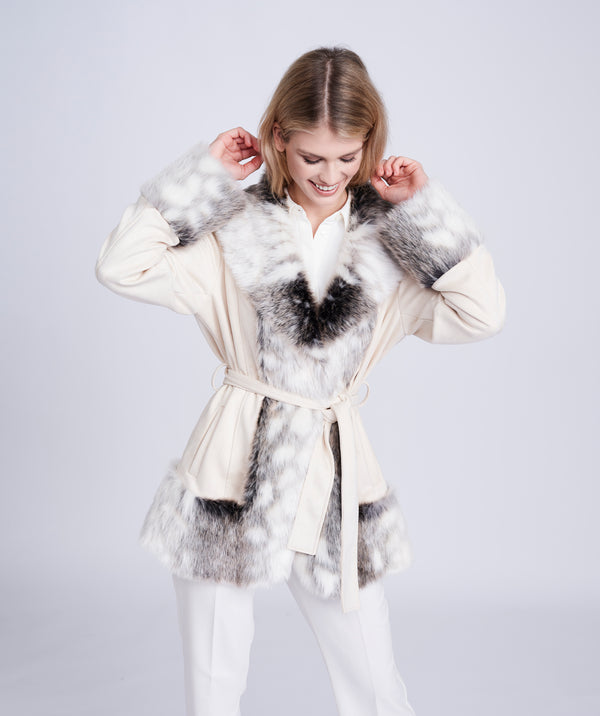 Snow Leopard Print Faux Fur Coat with Shawl Collar